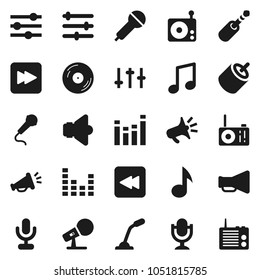 Flat vector icon set - music vector, disk, microphone, radio, speaker, loudspeaker, settings, equalizer, forward button, backward, rca, jack