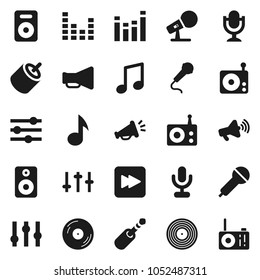 Flat vector icon set - music vector, disk, microphone, radio, loudspeaker, settings, equalizer, speaker, forward button, rca, jack