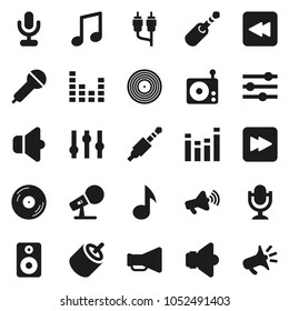 Flat vector icon set - music vector, disk, microphone, radio, speaker, loudspeaker, settings, equalizer, forward button, backward, rca, jack