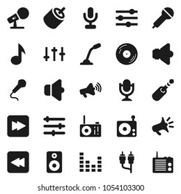 Flat vector icon set - music vector, disk, microphone, radio, speaker, loudspeaker, settings, equalizer, forward button, backward, rca, jack