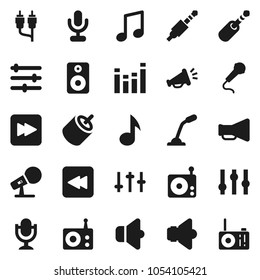 Flat vector icon set - music vector, microphone, radio, speaker, loudspeaker, settings, equalizer, forward button, backward, rca, jack