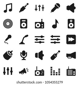 Flat vector icon set - music vector, disk, microphone, radio, speaker, loudspeaker, settings, equalizer, forward button, rca, jack