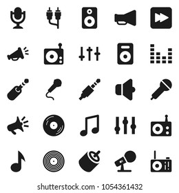 Flat vector icon set - music vector, disk, microphone, radio, speaker, loudspeaker, settings, equalizer, forward button, rca, jack