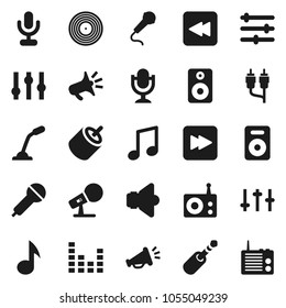 Flat vector icon set - music vector, disk, microphone, radio, speaker, settings, equalizer, forward button, backward, rca, jack, loudspeaker