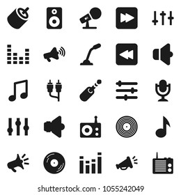 Flat vector icon set - music vector, disk, microphone, radio, speaker, loudspeaker, settings, equalizer, forward button, backward, rca, jack