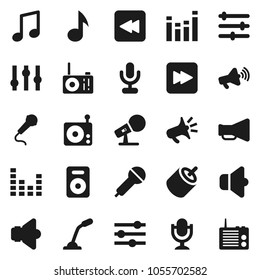 Flat vector icon set - music vector, microphone, radio, speaker, loudspeaker, settings, equalizer, forward button, backward, rca