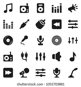 Flat vector icon set - music vector, disk, microphone, radio, speaker, settings, equalizer, forward button, backward, rca, jack, loudspeaker