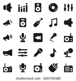 Flat vector icon set - music vector, disk, microphone, radio, speaker, loudspeaker, settings, equalizer, backward button, rca, jack
