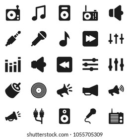 Flat vector icon set - music vector, disk, microphone, radio, speaker, loudspeaker, settings, equalizer, forward button, backward, rca, jack