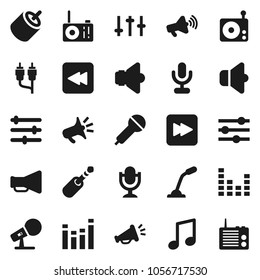Flat vector icon set - music vector, microphone, radio, speaker, loudspeaker, settings, equalizer, forward button, backward, rca, jack