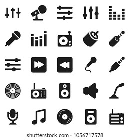 Flat vector icon set - music vector, disk, microphone, radio, speaker, settings, equalizer, forward button, backward, rca, jack