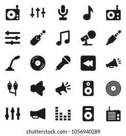Flat vector icon set - music vector, disk, microphone, radio, speaker, loudspeaker, settings, equalizer, backward button, rca, jack