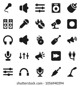Flat vector icon set - music hit vector, microphone, speaker, loudspeaker, settings, headphones, forward button, rec, rca, jack, equalizer
