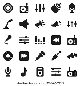 Flat vector icon set - music vector, disk, microphone, radio, speaker, loudspeaker, settings, equalizer, forward button, backward, rca, jack