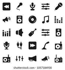 Flat vector icon set - music vector, disk, microphone, radio, speaker, loudspeaker, settings, equalizer, forward button, backward, rca, jack