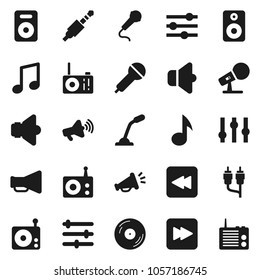 Flat vector icon set - music vector, disk, microphone, radio, speaker, loudspeaker, settings, forward button, backward, rca, jack, equalizer
