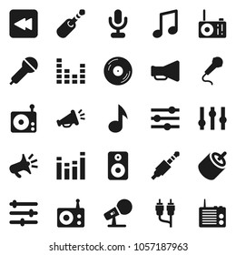 Flat vector icon set - music vector, disk, microphone, radio, loudspeaker, settings, equalizer, speaker, backward button, rca, jack