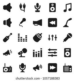 Flat vector icon set - music vector, microphone, speaker, loudspeaker, settings, equalizer, forward button, backward, rca, jack, radio