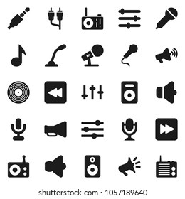 Flat vector icon set - music vector, disk, microphone, radio, speaker, loudspeaker, settings, forward button, backward, rca, jack, equalizer