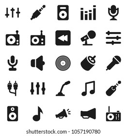 Flat vector icon set - music vector, disk, microphone, radio, speaker, loudspeaker, settings, equalizer, backward button, rca, jack