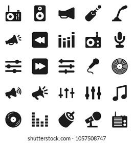 Flat vector icon set - music vector, disk, microphone, radio, loudspeaker, settings, equalizer, speaker, forward button, backward, rca, jack