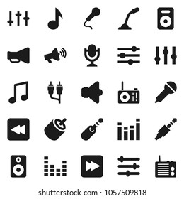 Flat vector icon set - music vector, microphone, speaker, loudspeaker, settings, equalizer, forward button, backward, rca, jack, radio