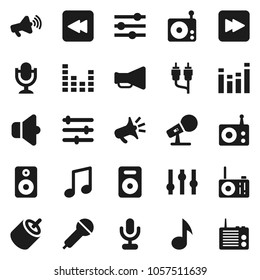 Flat vector icon set - music vector, microphone, radio, speaker, loudspeaker, settings, equalizer, forward button, backward, rca