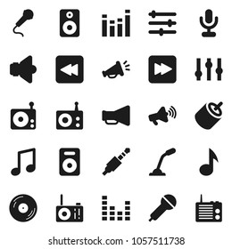 Flat vector icon set - music vector, disk, microphone, radio, speaker, loudspeaker, settings, equalizer, forward button, backward, rca, jack