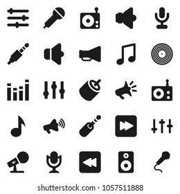 Flat vector icon set - music vector, disk, microphone, radio, speaker, loudspeaker, settings, equalizer, forward button, backward, rca, jack
