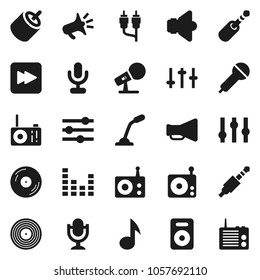 Flat vector icon set - music vector, disk, microphone, radio, speaker, loudspeaker, settings, equalizer, forward button, rca, jack