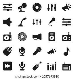 Flat vector icon set - music vector, disk, microphone, radio, speaker, loudspeaker, settings, equalizer, forward button, rca, jack