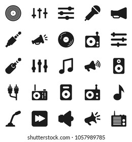 Flat vector icon set - music vector, disk, microphone, radio, speaker, loudspeaker, settings, forward button, rca, jack, equalizer