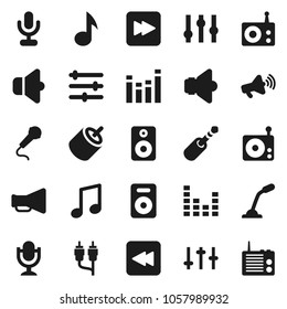 Flat vector icon set - music vector, radio, speaker, loudspeaker, settings, equalizer, microphone, forward button, backward, rca, jack