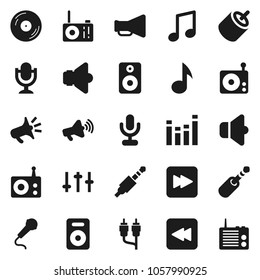 Flat vector icon set - music vector, disk, radio, speaker, loudspeaker, settings, equalizer, microphone, forward button, backward, rca, jack