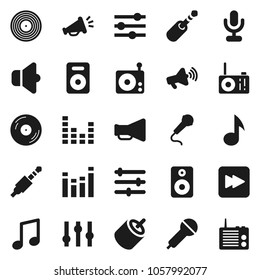 Flat vector icon set - music vector, disk, microphone, radio, speaker, loudspeaker, settings, equalizer, forward button, rca, jack