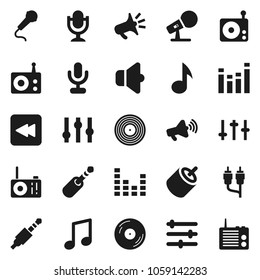 Flat vector icon set - music vector, disk, microphone, radio, speaker, loudspeaker, settings, equalizer, backward button, rca, jack