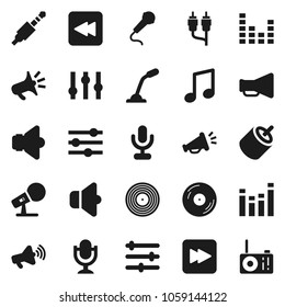Flat vector icon set - music vector, disk, microphone, speaker, loudspeaker, settings, equalizer, forward button, backward, rca, jack, radio