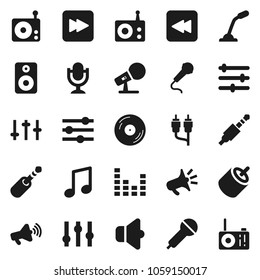 Flat vector icon set - music vector, disk, microphone, radio, speaker, loudspeaker, settings, equalizer, forward button, backward, rca, jack