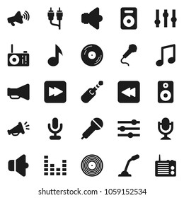 Flat vector icon set - music vector, disk, microphone, speaker, loudspeaker, settings, equalizer, forward button, backward, rca, jack, radio