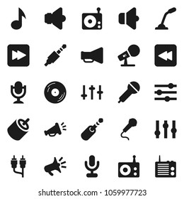 Flat vector icon set - music vector, disk, microphone, radio, speaker, loudspeaker, settings, forward button, backward, rca, jack, equalizer