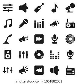 Flat vector icon set - music vector, disk, microphone, speaker, loudspeaker, settings, equalizer, forward button, backward, jack, radio
