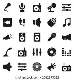 Flat vector icon set - music vector, disk, microphone, radio, speaker, loudspeaker, settings, equalizer, backward button, rca