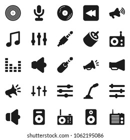 Flat vector icon set - music vector, disk, radio, speaker, loudspeaker, settings, equalizer, microphone, backward button, rca, jack