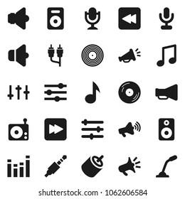 Flat vector icon set - music vector, disk, radio, speaker, loudspeaker, settings, equalizer, microphone, forward button, backward, rca, jack