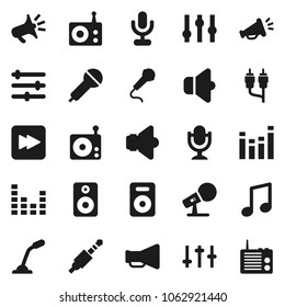 Flat vector icon set - music vector, microphone, radio, speaker, loudspeaker, settings, equalizer, forward button, rca, jack