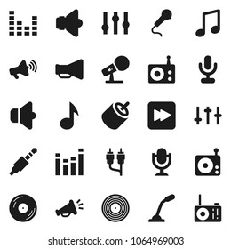 Flat vector icon set - music vector, disk, microphone, radio, speaker, loudspeaker, settings, equalizer, forward button, rca, jack