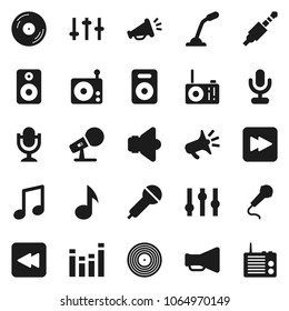 Flat vector icon set - music vector, disk, microphone, radio, speaker, loudspeaker, settings, equalizer, forward button, backward, jack