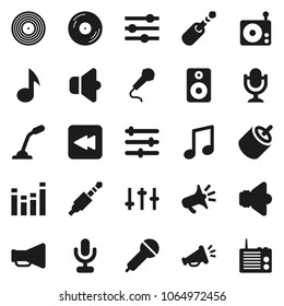Flat vector icon set - music vector, disk, microphone, radio, speaker, loudspeaker, settings, equalizer, backward button, rca, jack