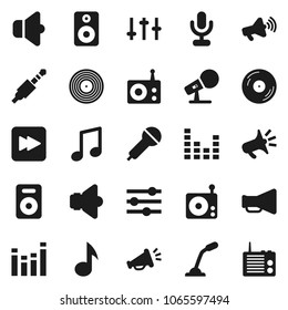 Flat vector icon set - music vector, disk, microphone, radio, speaker, loudspeaker, settings, equalizer, forward button, jack