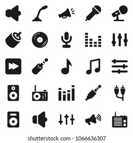 Flat vector icon set - music vector, disk, microphone, speaker, loudspeaker, settings, equalizer, forward button, rca, jack, radio